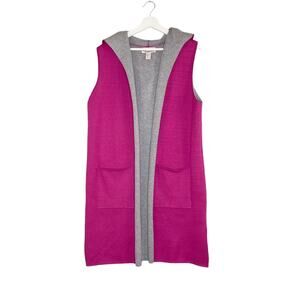 Oliver Vest Duster Cardigan Womens‎ Large Pink/Gray Pockets Lagenlook Hooded